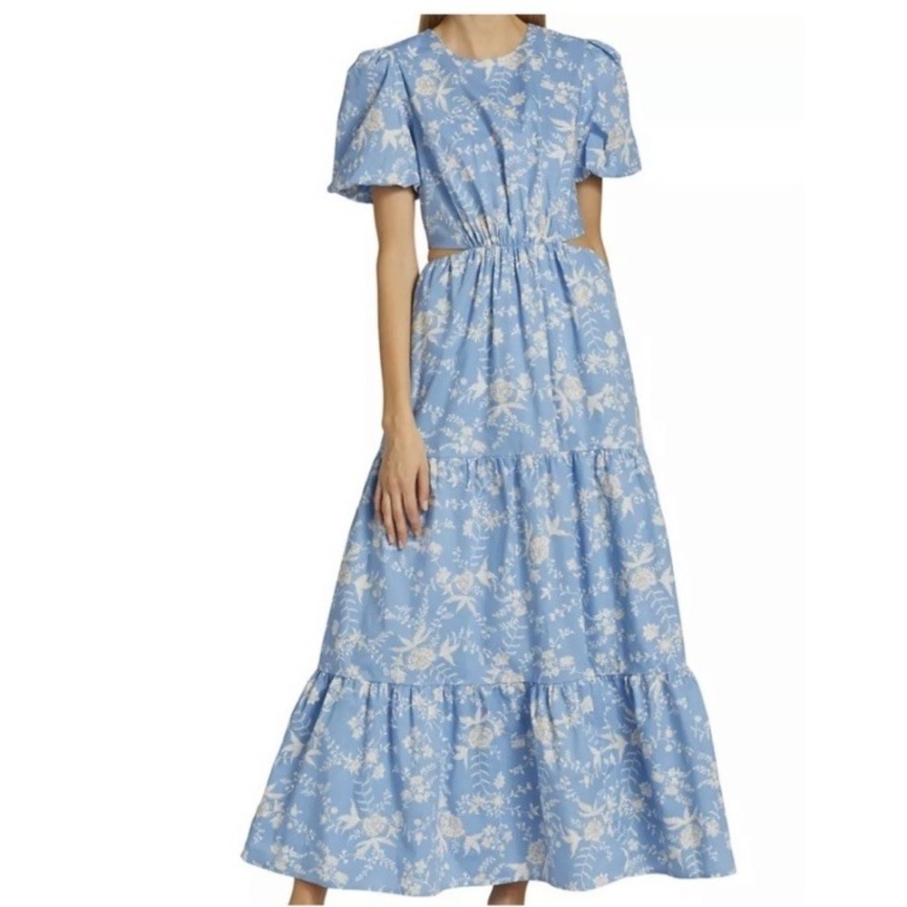 Wayf Plaza Floral Cut-Out Tiered Maxi Dress Size Small Blue and White